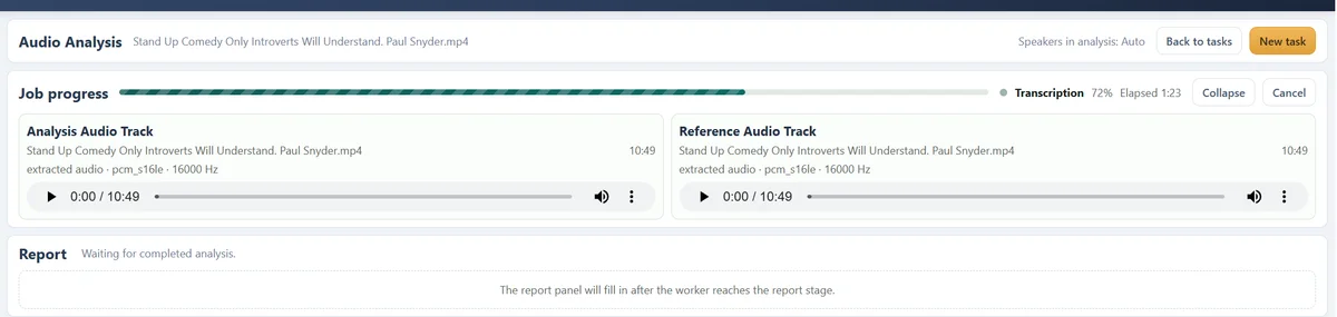 Audio Analysis task at the transcription stage with two extracted audio players
