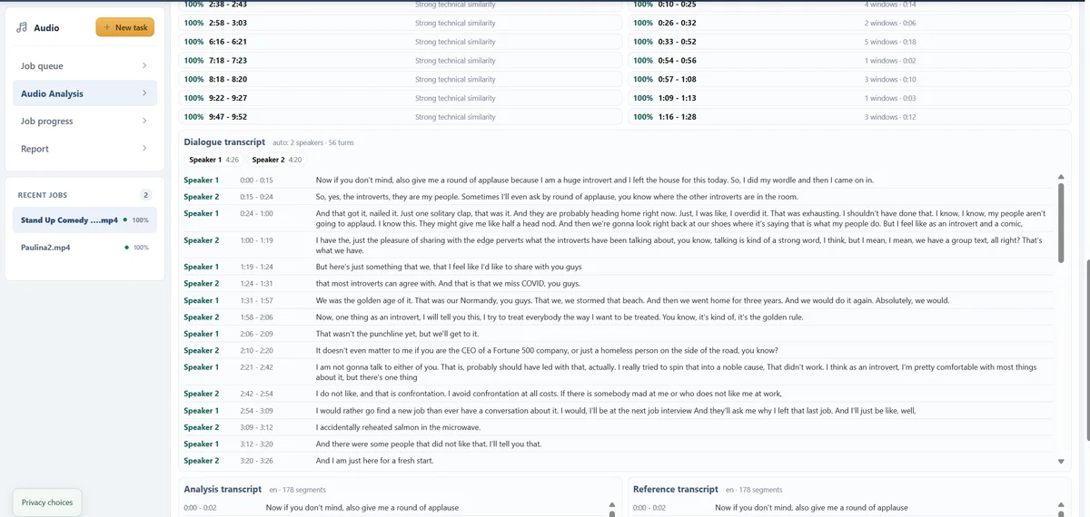 Dialogue transcript with numbered speakers, time ranges and separate source transcripts