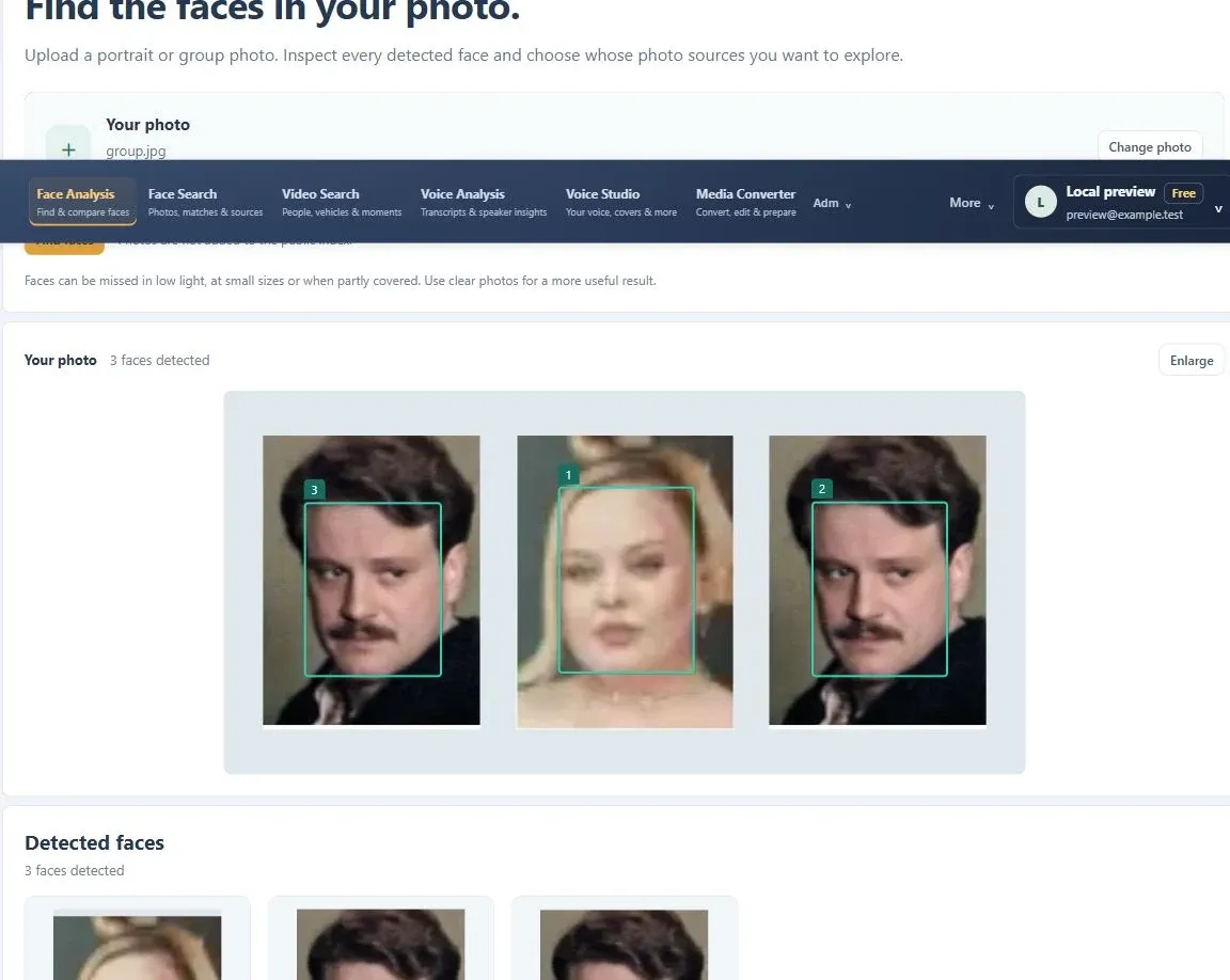 Face Analysis showing numbered faces in a photo and a searchable person crop for each detection
