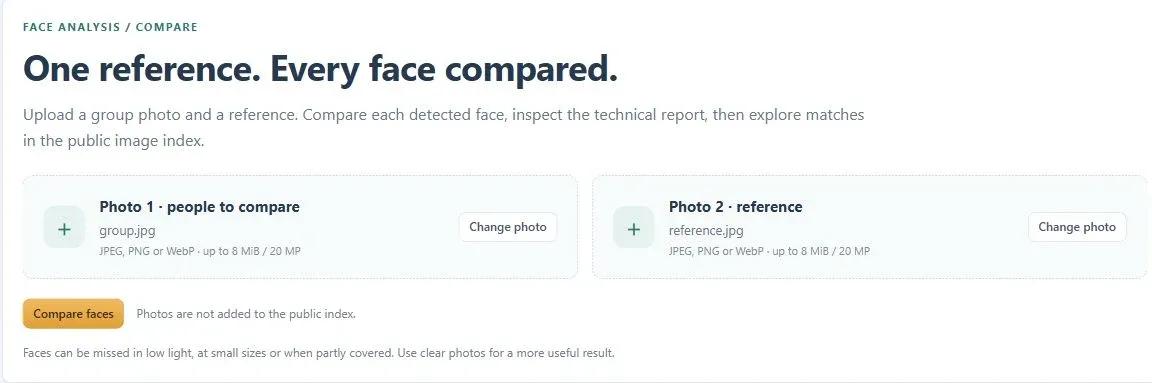 Face Analysis upload controls for Photo 1 and a separate reference photo