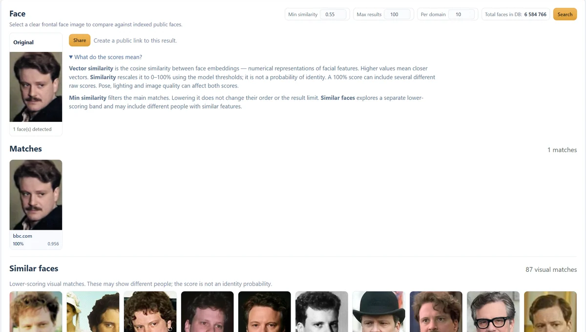 A completed Face Search showing the original photo, one main match, score help and a separate Similar faces section