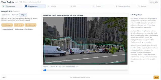 Real Video Analysis wizard with a polygon selecting a road area in a street recording