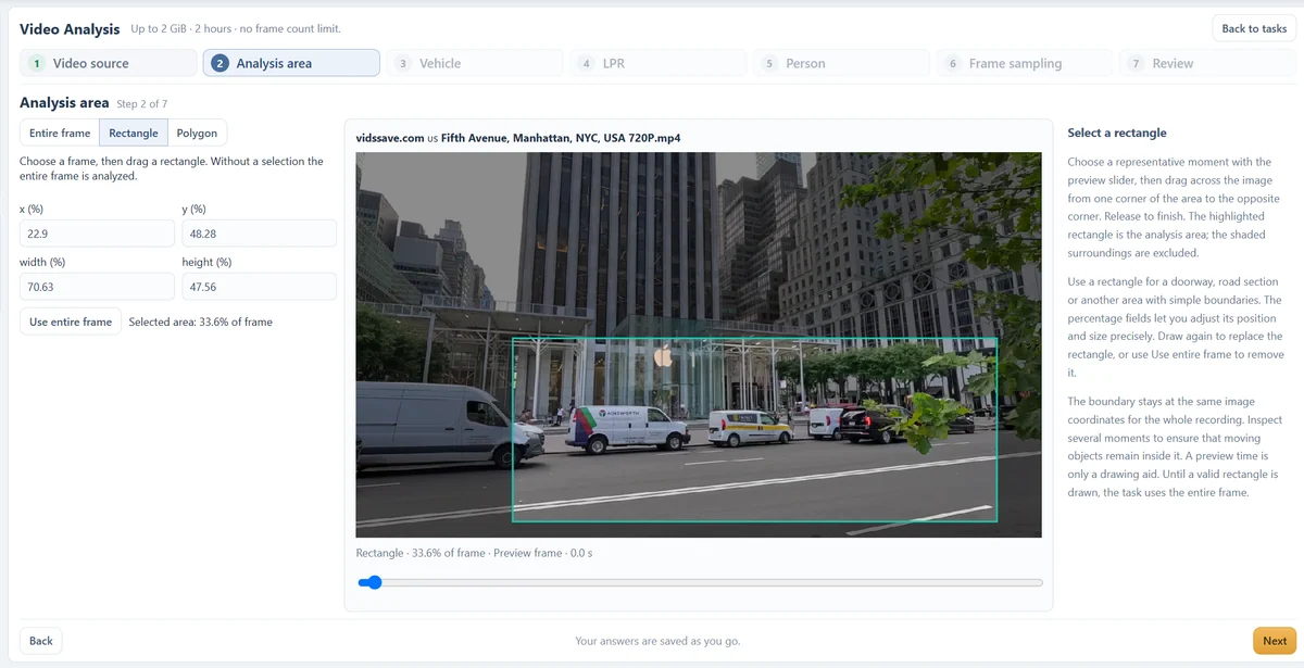 Rectangle analysis area around a road in the Video Analysis wizard