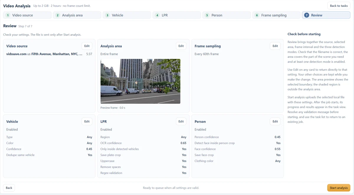 Review of video source, area, frame sampling, vehicle, plate and person settings