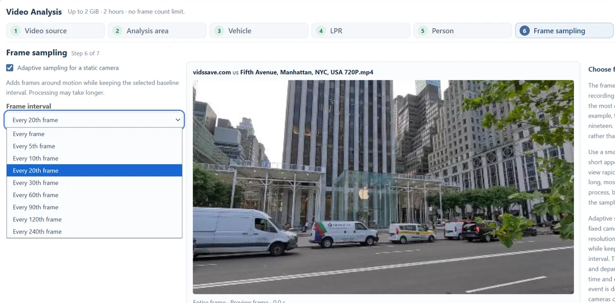 Frame interval options and adaptive sampling for a static camera