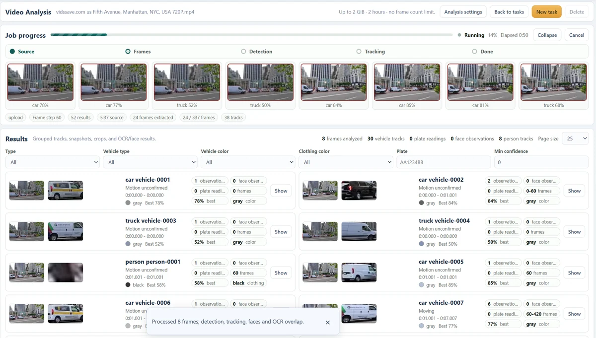 Video Analysis running with vehicle and person tracks, filters and timestamps