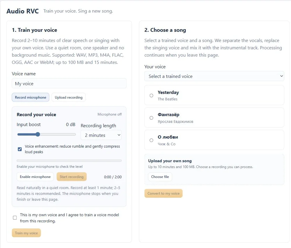 Audio RVC workspace screenshot with example media