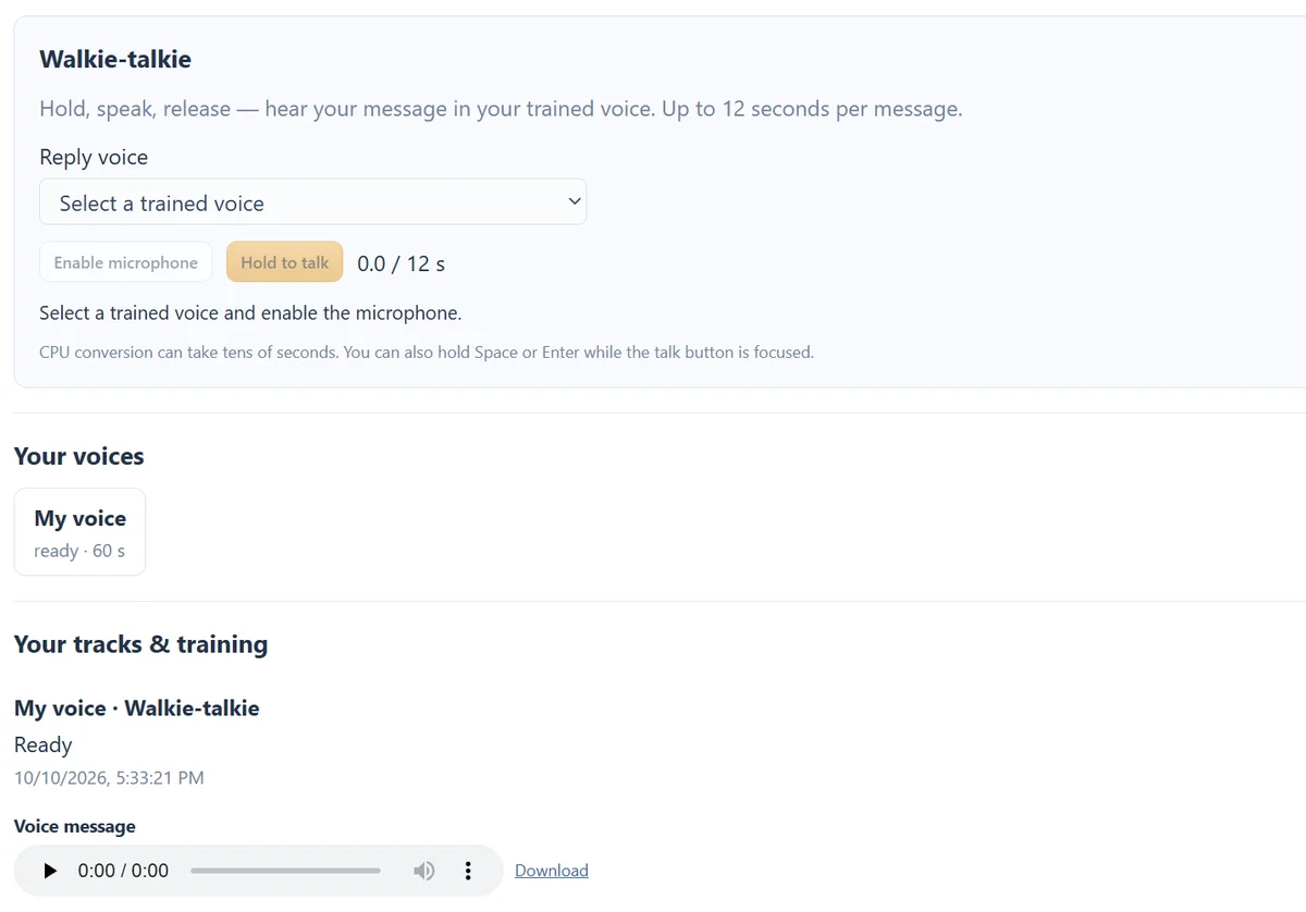 Walkie-talkie controls with a ready own-voice model and a voice-message result player